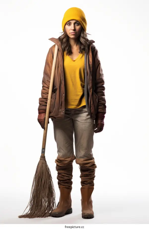 A woman in a yellow beanie and brown jacket is holding a broom.