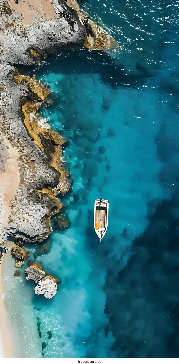 Aerial View of Small Boat in Turquoise Water