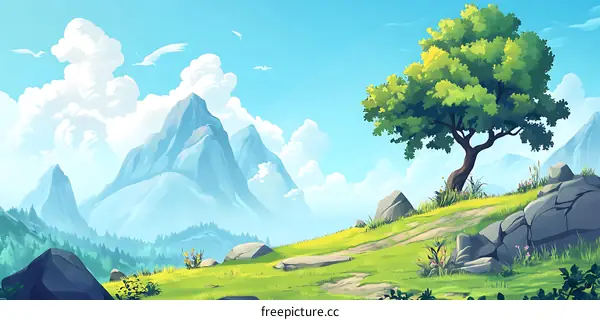 Green Tree Landscape with Mountains in the Background
