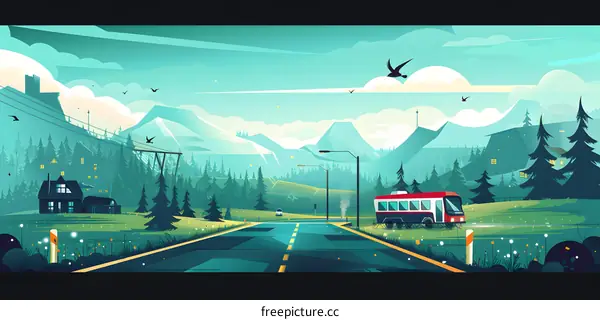 Mountain Road with Bus Illustration