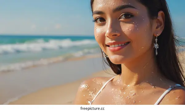 Smiling Asian Woman on Beach Portrait