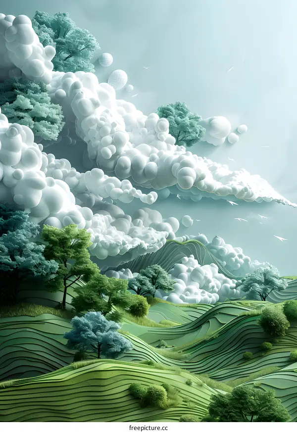 Green hills and trees under the blue sky