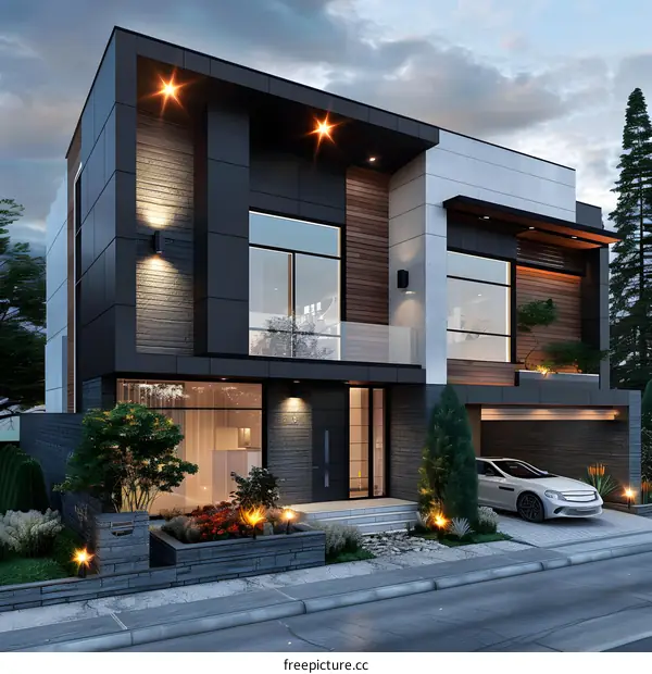 Modern Two Story House Design With Garage and Backyard