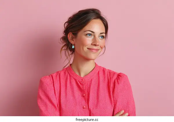 Smiling Woman in a Pink Blouse Against a Pink Background