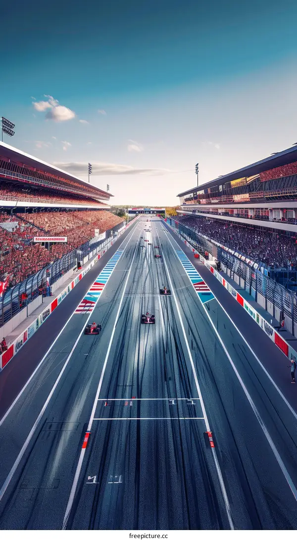 Formula One cars racing down a track