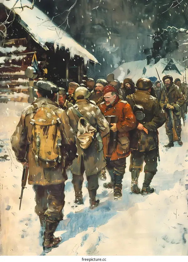 Anxious Soldiers Wait for Orders in the Snow