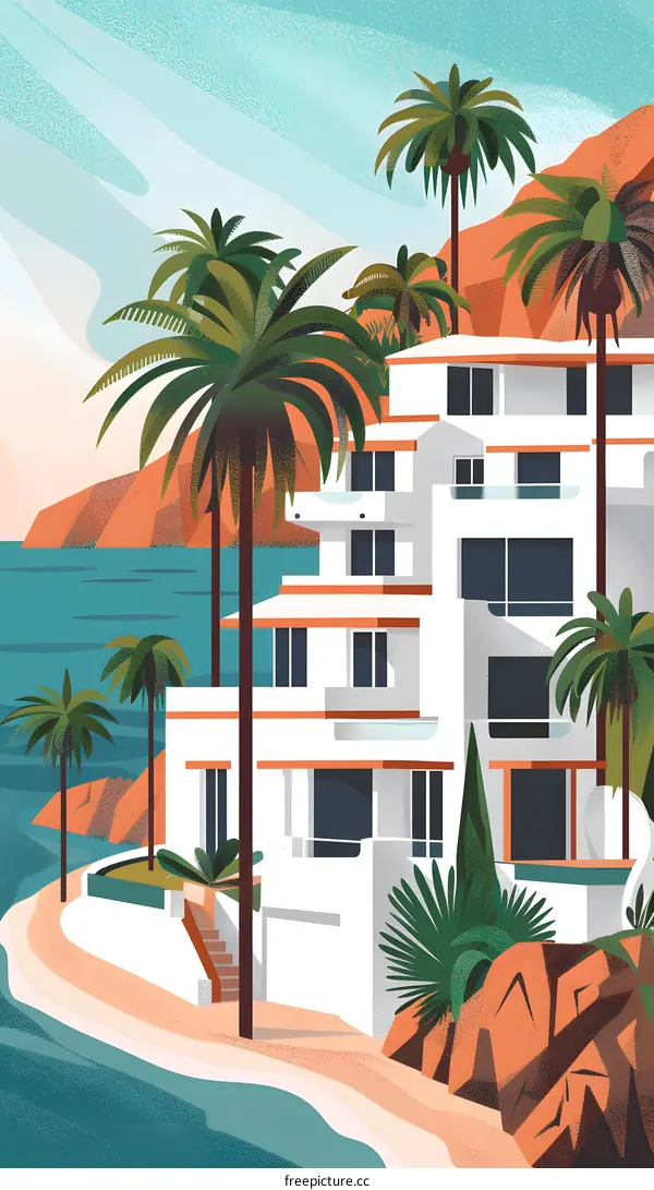 White House on the Beach with Palm Trees