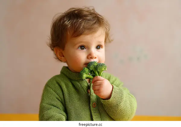 Baby Eating Broccoli Close Up Photo