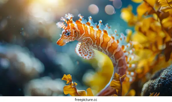 Orange and white striped seahorse swimming beside kelp