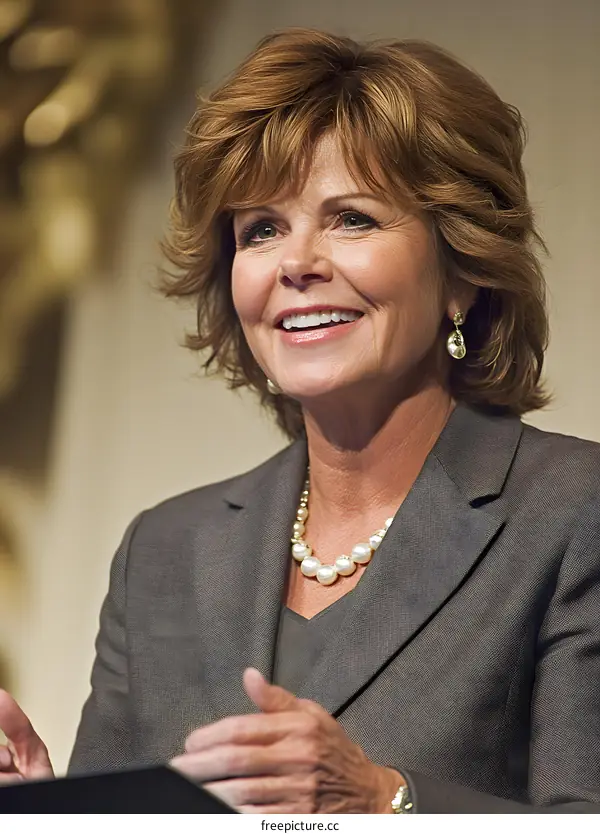 Woman in a Grey Suit Smiling and Looking to the Right