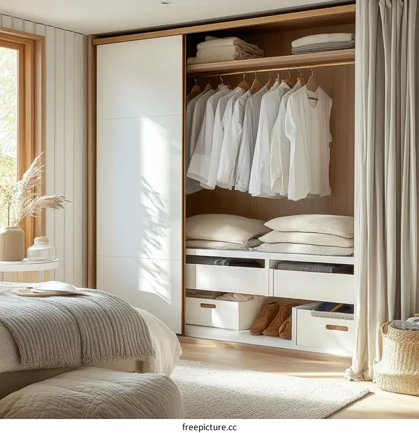 Modern White Wardrobe with Clothes and Accessories
