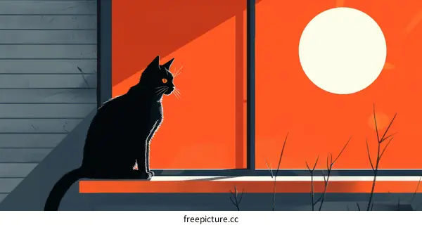 A Black Cat Sits on a Windowsill and Stares at the Full Moon