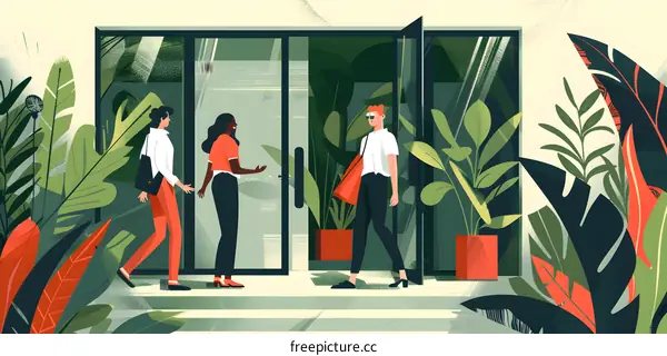 Three People Entering a Building Through a Glass Door