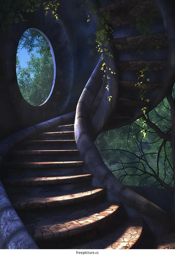 Stone Spiral Staircase in a Fantasy Forest