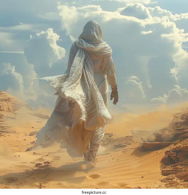 A figure in a white cloak walks through a desert landscape