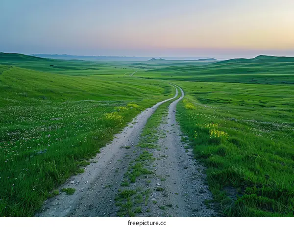 Dirt road through a lush green field