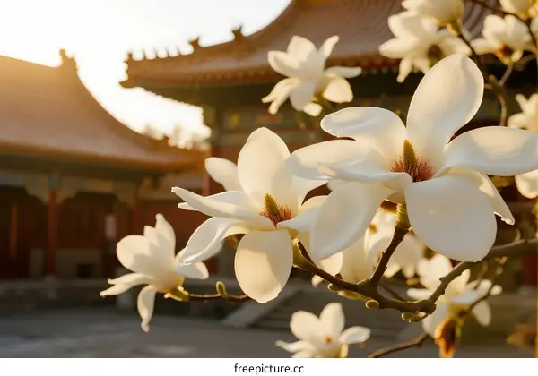 Magnolia Blossoms Against Traditional Chinese Architecture at Sunset
