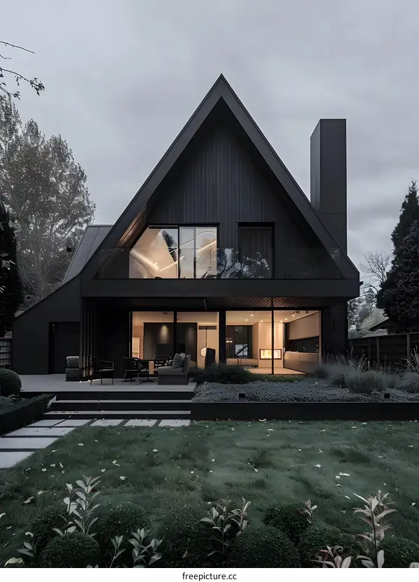 Modern Black A-Frame House with Large Windows and Outdoor Patio