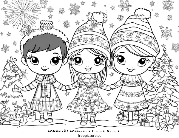 Three Cute Cartoon Girls Celebrate Christmas with a Festive Background