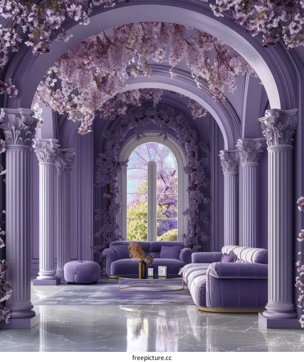 Elegant Purple Living Room with Cherry Blossom Decor
