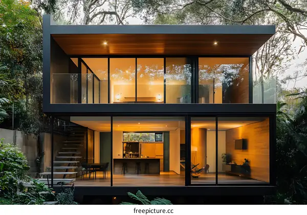 Modern Glass House with Wooden Accents in the Forest