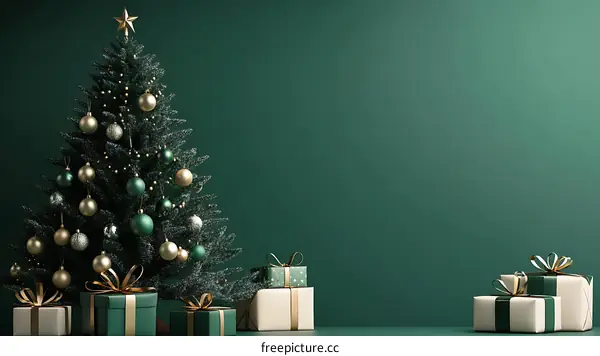 Christmas Tree with Gifts against a Green Background