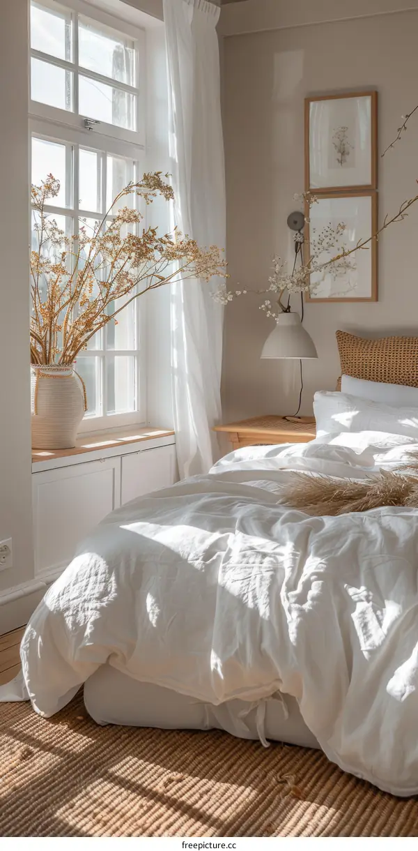 A cozy bedroom with a large window, a bed, a rug, and a few pieces of furniture