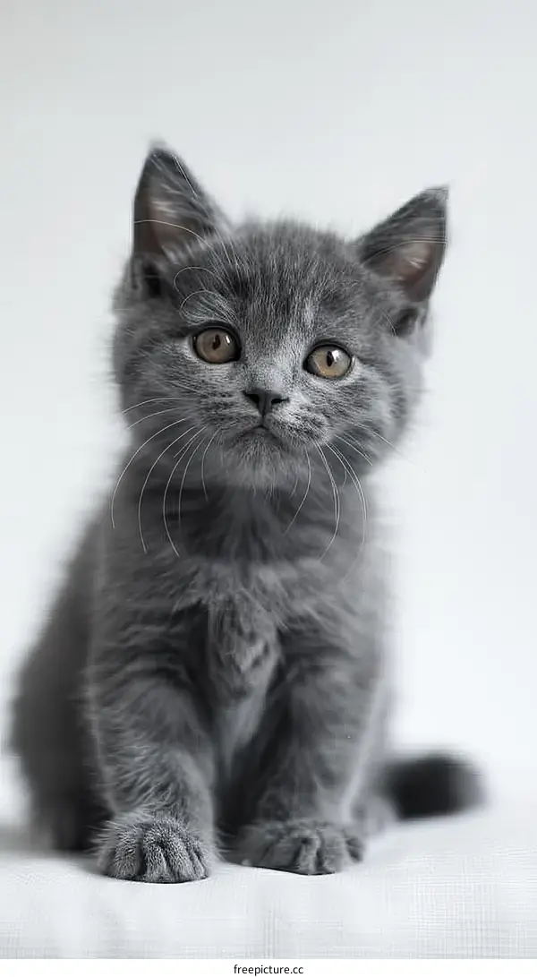 A cute gray kitten is sitting on a white surface and looking at the camera