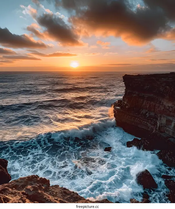 Ocean Waves Crashing Against the Rocky Coast at Sunset