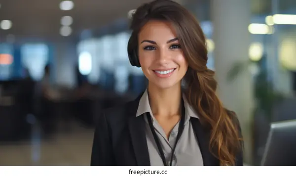 Portrait of a beautiful young businesswoman smiling wearing a suit and headphones