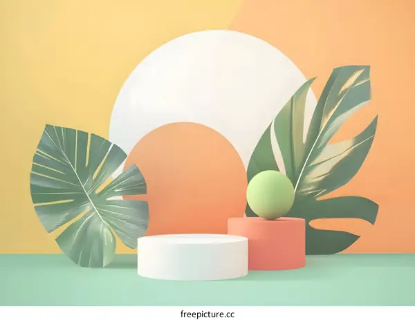Summer Background with Tropical Leaves and Geometric Shapes
