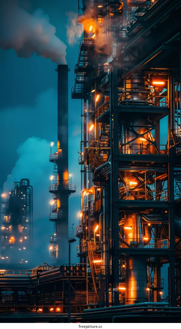 Night View of an Oil Refinery: Industrial Scene