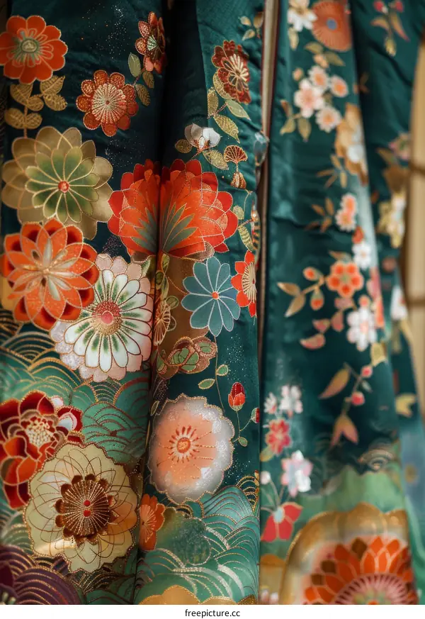 Close up of a kimono with a floral pattern