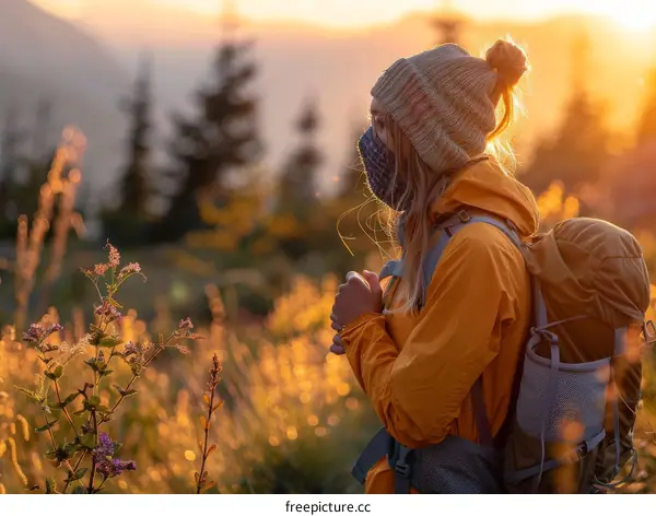 Young woman standing in a field of flowers at sunset
