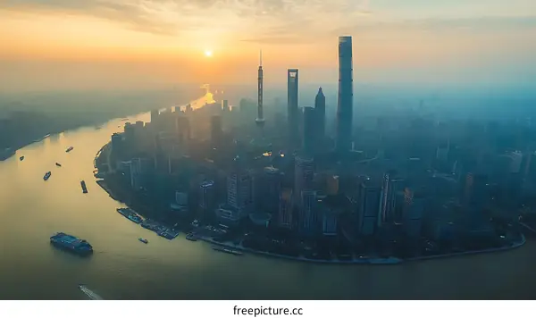 Shanghai Skyline Sunrise Over Huangpu River