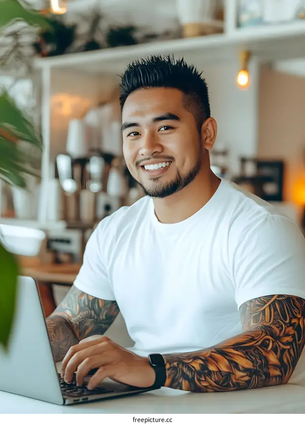 Smiling Asian Man with Tattoos Working on Laptop in Cafe