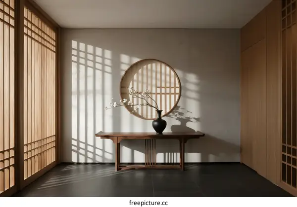 Minimalist Wooden Room with Circular Window and Decorative Vase