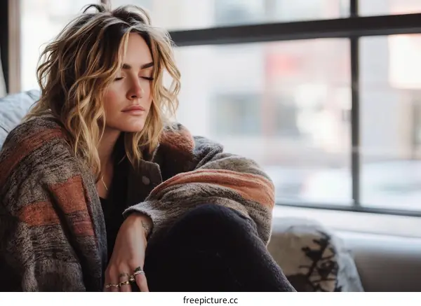 Woman with Curly Hair in Cozy Cardigan