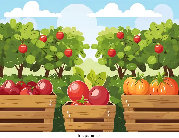 Fresh Tomatoes in Wooden Boxes on a Sunny Day