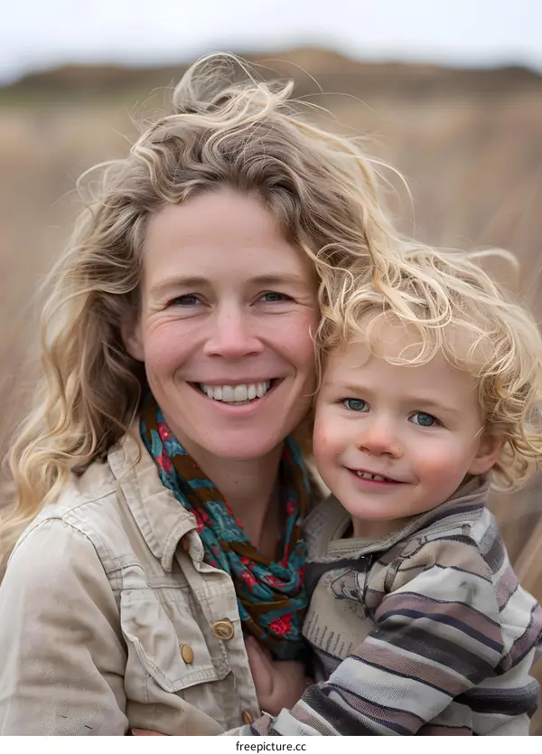 A mother and her son are smiling at the camera.
