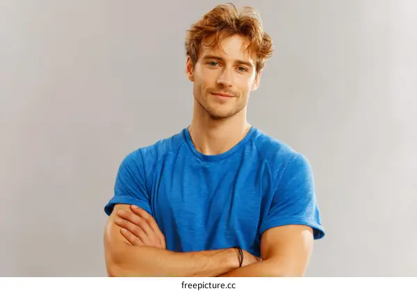 Confident Caucasian Man in Blue T-Shirt