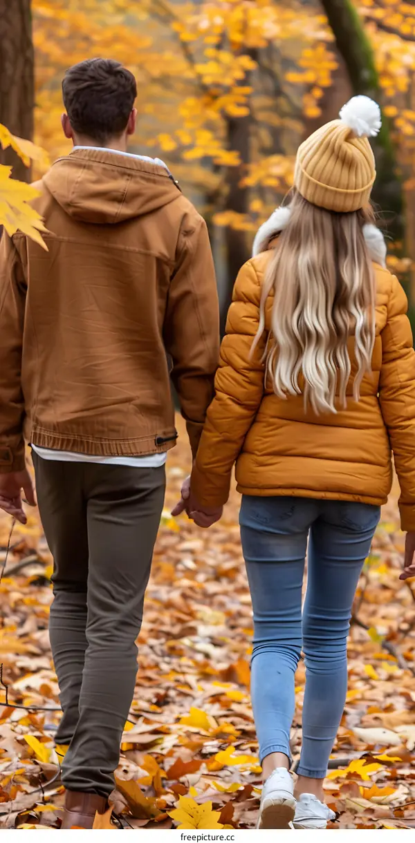 Couple Walking in Autumn Forest Holding Hands
