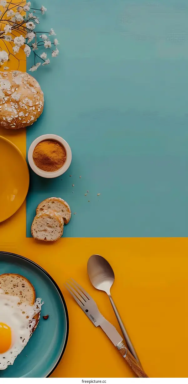 Blue and Yellow Tabletop with Breakfast Food