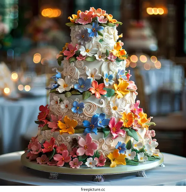 Four-tier wedding cake decorated with colorful flowers