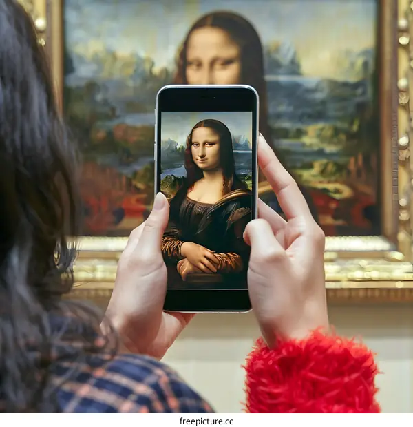 Woman Taking Picture of Mona Lisa in Museum