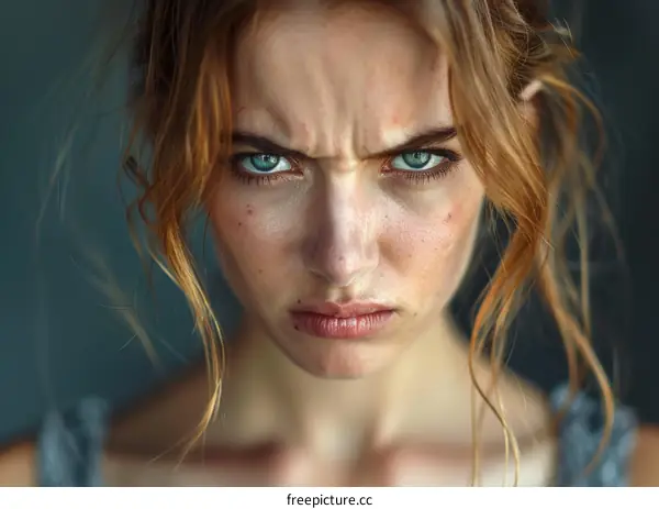 Closeup Portrait of Young Woman with Angry Expression