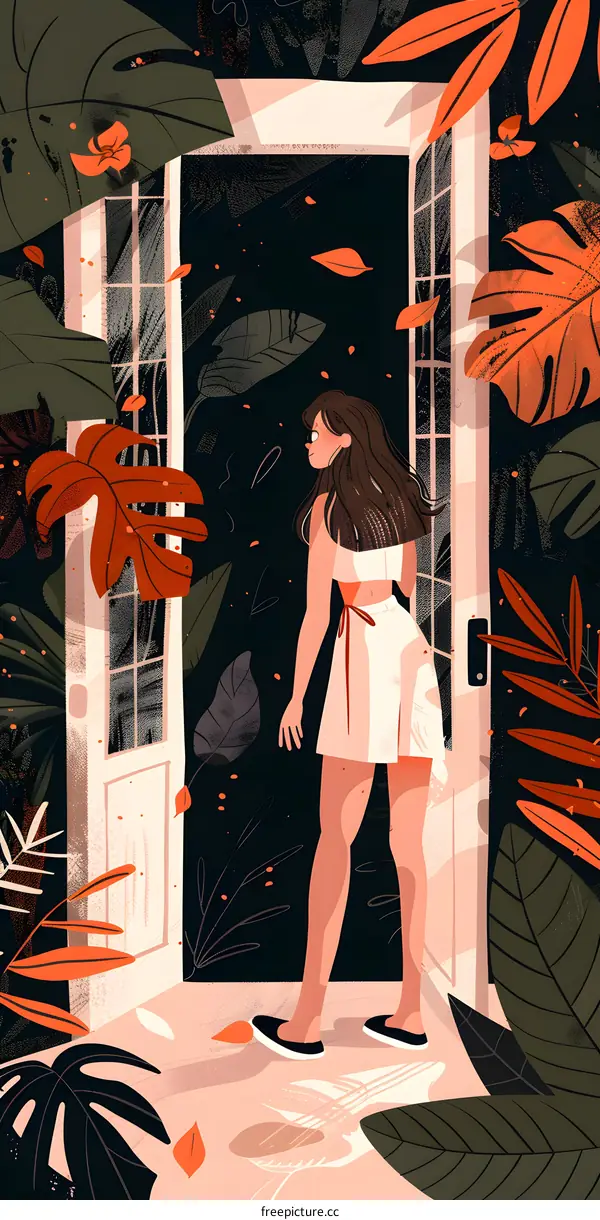 Woman Looking Out Door in Lush Tropical Garden