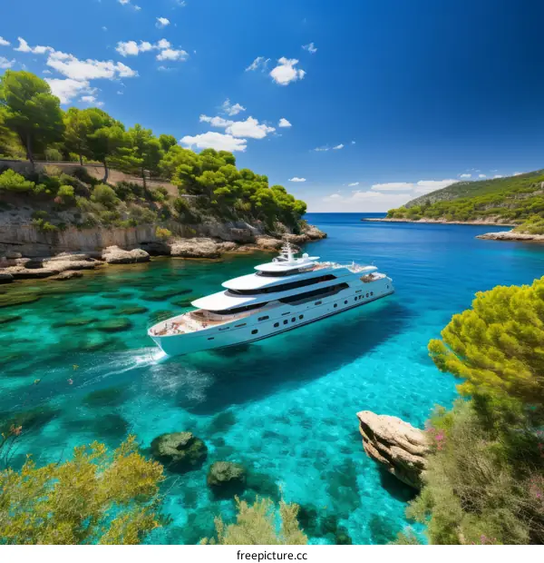Blue water, green island and luxury yacht