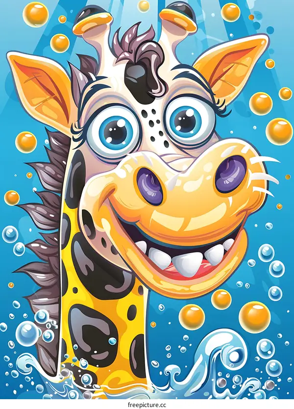 Happy Cartoon Giraffe Head with Bubbles