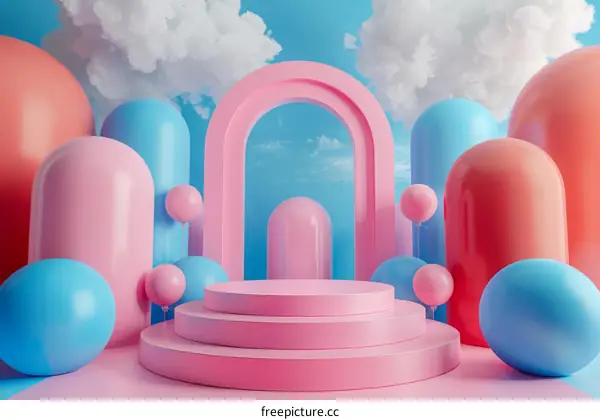Pink Pastel Podium with Balloons and Clouds